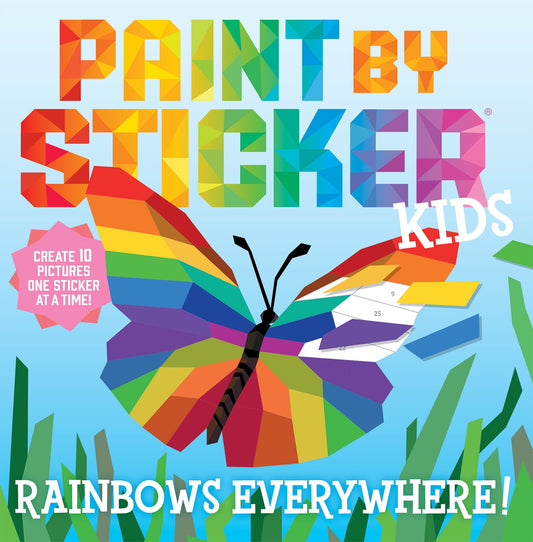 Paint by Sticker Kids Rainbow Art Kit box cover featuring colorful geometric butterfly and grass with text 'Create 10 Pictures One Sticker at a Time' and 'Rainb