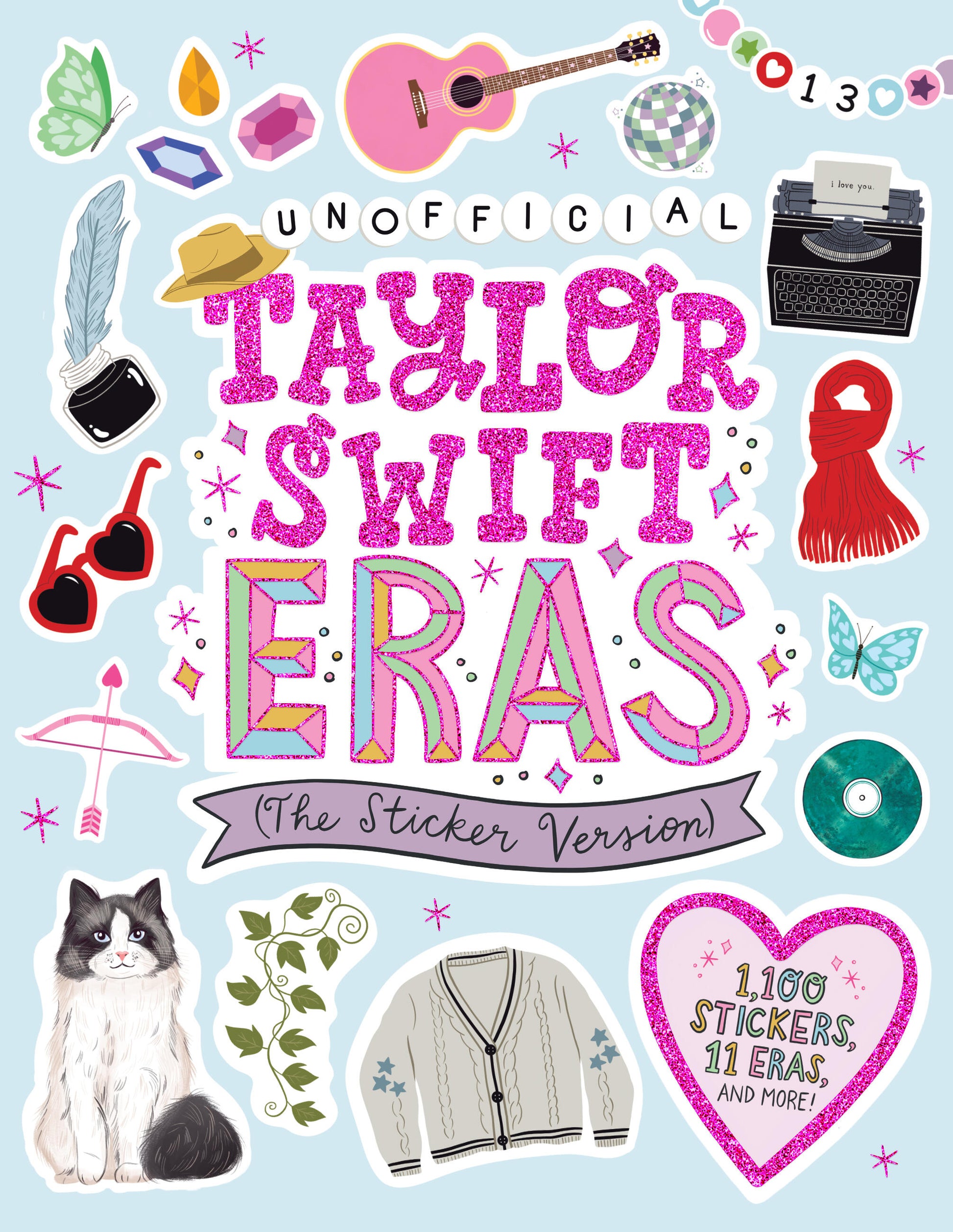 Unofficial Taylor Swift Eras sticker album cover featuring magenta glitter text, surrounded by sticker icons including pink guitar, typewriter, disco ball, cat,
