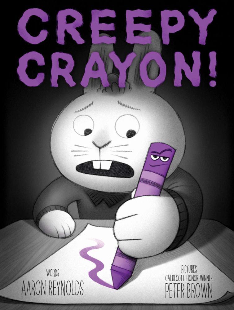 Creepy Crayon! Jasper Rabbit's Spooky Adventure Hardcover book cover featuring an anxious cartoon rabbit holding a purple crayon with a menacing face