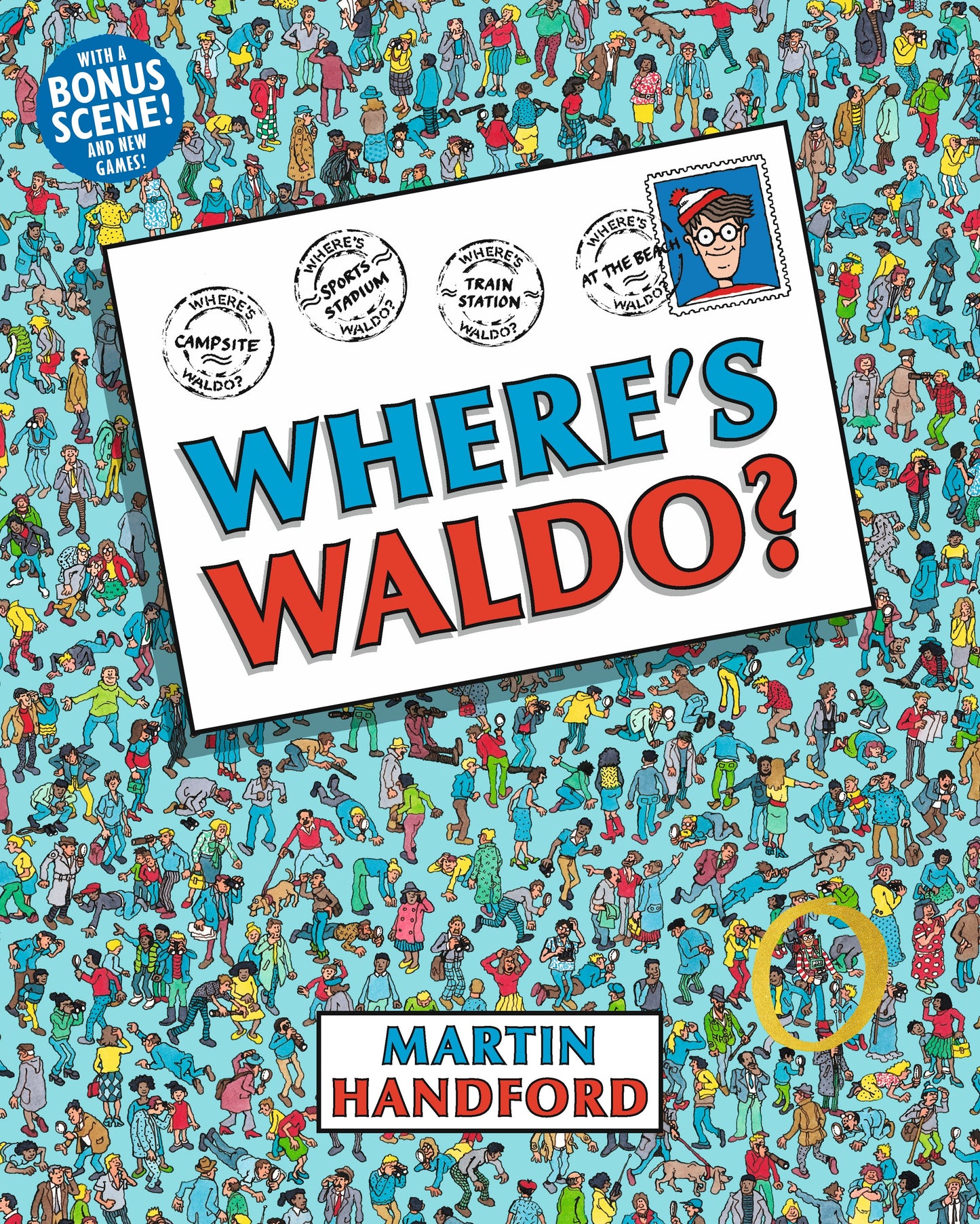 Where's Waldo? Deluxe Edition book cover featuring crowded scene with hundreds of illustrated people in colorful clothing on turquoise background, title text in