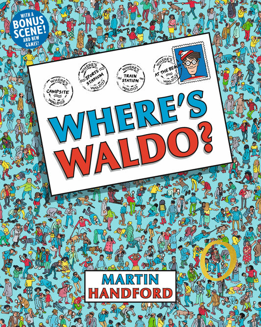 Where's Waldo? Deluxe Edition book cover featuring crowded scene with hundreds of illustrated people in colorful clothing on turquoise background, title text in