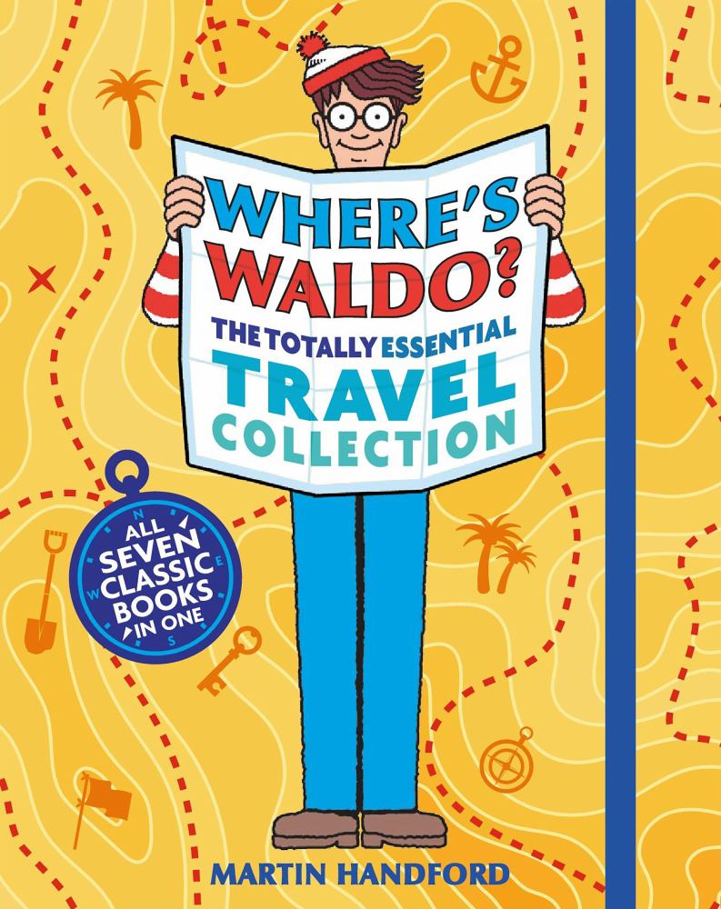 Where's Waldo? The Totally Essential Travel Collection book cover featuring Waldo holding an open book against a yellow background with travel-themed icons