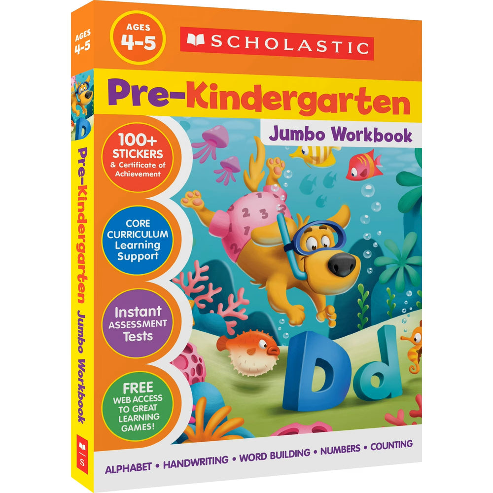 Scholastic Pre-Kindergarten Jumbo Workbook box featuring underwater scene with yellow dog character wearing snorkel gear, colorful fish, jellyfish, and sea plan