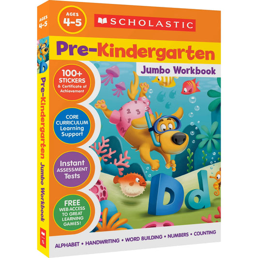 Scholastic Pre-Kindergarten Jumbo Workbook box featuring underwater scene with yellow dog character wearing snorkel gear, colorful fish, jellyfish, and sea plan