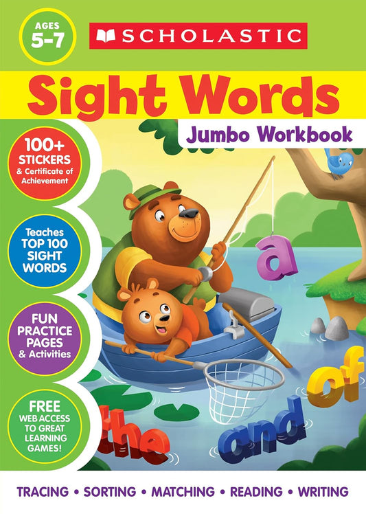 Scholastic Sight Words Jumbo Workbook cover for ages 5-7, featuring cartoon bear and cub fishing in a boat with colorful sight words, includes 100+ stickers and