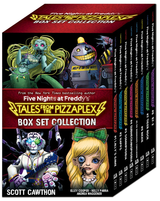 Five Nights at Freddy's Tales from the Pizzaplex 8-book box set collection, featuring colorful animated characters including a blonde doll with green bow, a ani
