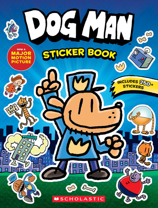 Dog Man Sticker Book cover featuring Dog Man character with raised fists against a blue city skyline background, surrounded by character stickers, text reads 'N