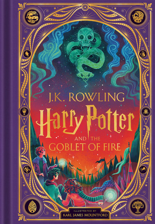 J.K. Rowling Harry Potter and the Goblet of Fire illustrated edition hardcover with purple ornate border, glowing green serpent skull, and three children in mag
