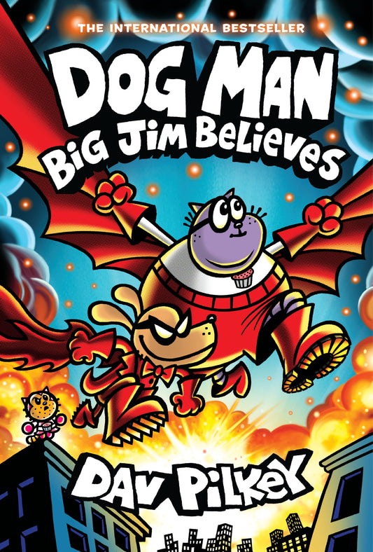 THE INTERNATIONAL BESTSELLER DOG MAN BIG JIM BELIEVES DAV PILKEY book cover with cartoon dog character in red cape and purple head flying with fists raised, exp