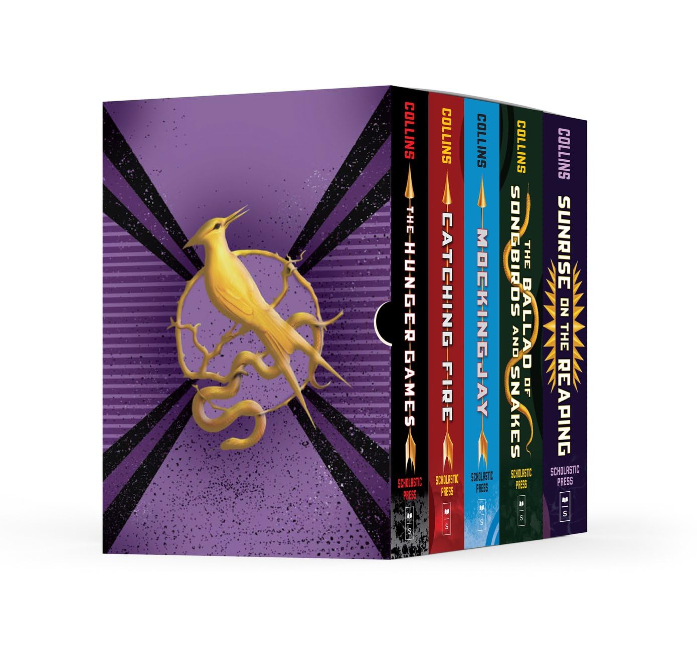 Hunger Games Complete 5-Book Hardcover Collector's Edition boxed set with golden phoenix design on purple background