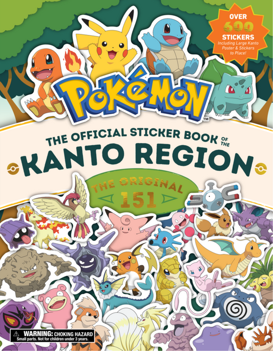 The Official Sticker Book of the Kanto Region featuring Pokémon characters including Pikachu, Charmander, Squirtle, and Bulbasaur, with over 300 stickers includ