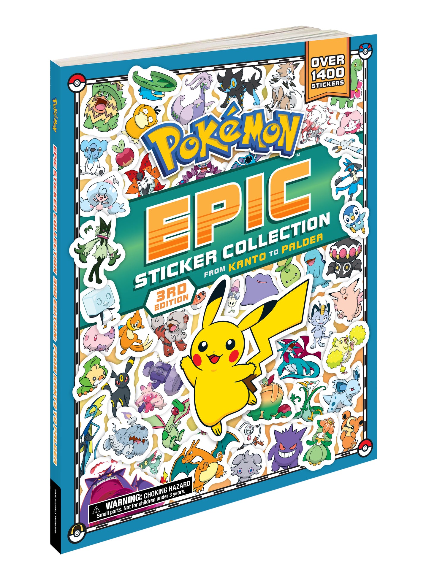 Pokémon Epic Sticker Collection: From Kanto to Paldea, 3rd Edition book cover featuring Pikachu and over 1400 stickers on blue and green background