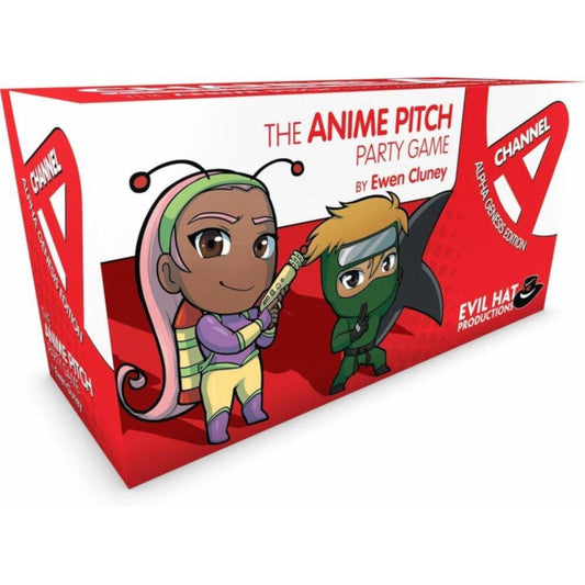 The Anime Pitch Party Game by Ewen Cluney red game box featuring two colorful anime characters, Channel A Alpha Genesis Edition by Evil Hat Productions