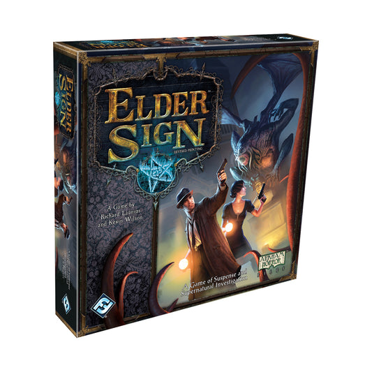 Elder Sign Revised Printing board game box featuring gold lettering, dark atmospheric artwork with glowing orbs, and illustrated characters investigating supern