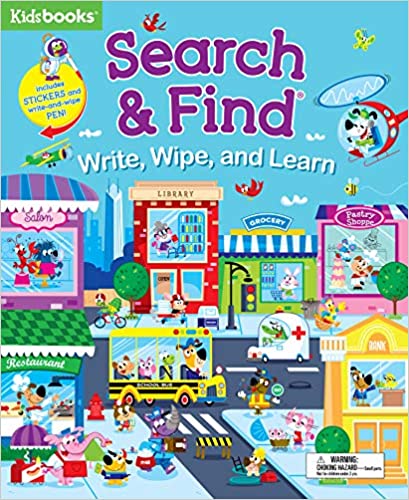 Search and Find Write, Wipe, and Learn activity book cover featuring colorful town scene with shops, vehicles, and characters to find