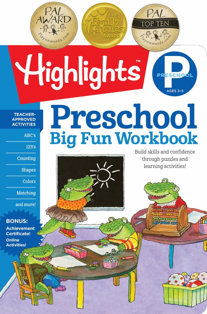 Highlights Preschool Big Fun Workbook cover featuring cartoon alligators engaged in learning activities at a table, with award badges at top and activity icons