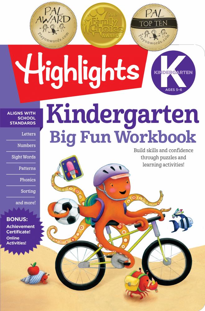 Highlights Big Fun Kindergarten Workbook cover featuring an orange octopus on a bicycle juggling toys, with award badges and learning topics listed