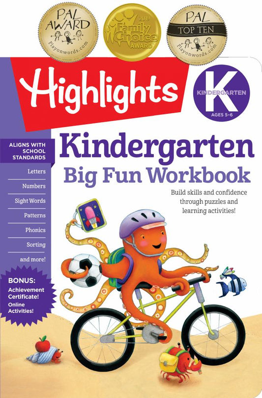 Highlights Big Fun Kindergarten Workbook cover featuring an orange octopus on a bicycle juggling toys, with award badges and learning topics listed