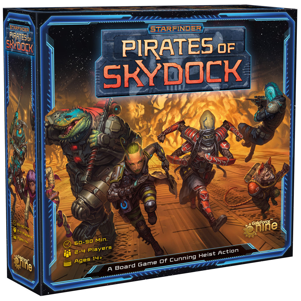 Starfinder Pirates of Skydock board game box featuring sci-fi characters and aliens in action on a desert planet with blue neon framing