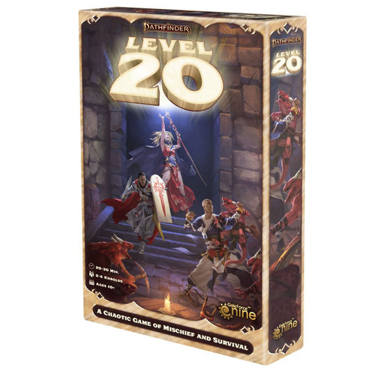 Pathfinder Level 20 board game box featuring fantasy characters in armor on stone steps with glowing magical effects