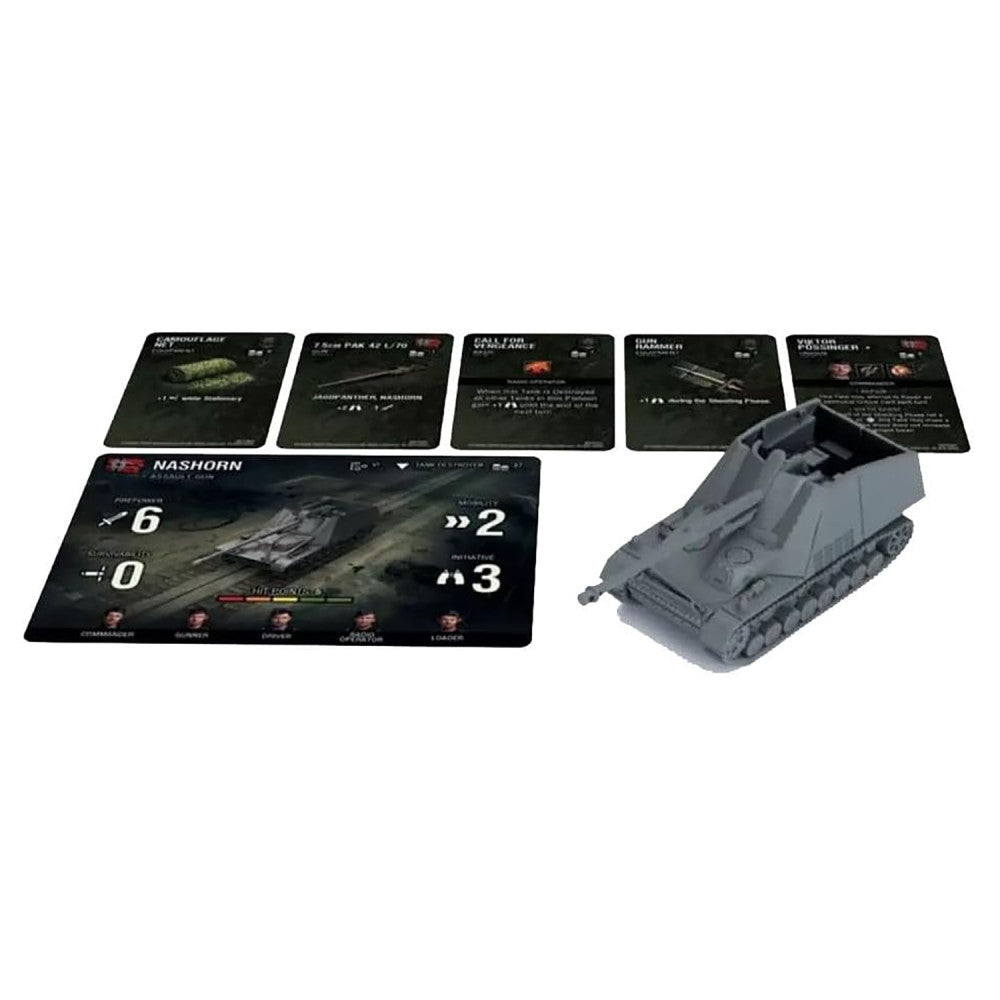 World of Tanks German Nashorn Tank Expansion game contents: gray tank miniature, game mat with tank stats and numbers, and five printed reference cards on plain
