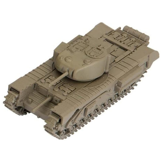 Tan-colored plastic tank miniature with turret and tracked treads, shown on plain white background