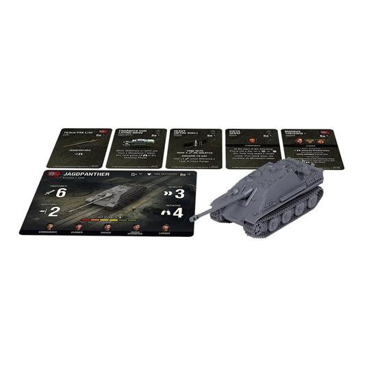 World of Tanks Jagdpanther game set with gray tank miniature, stat card showing firepower 6 and mobility 3, and five black ability cards on white background