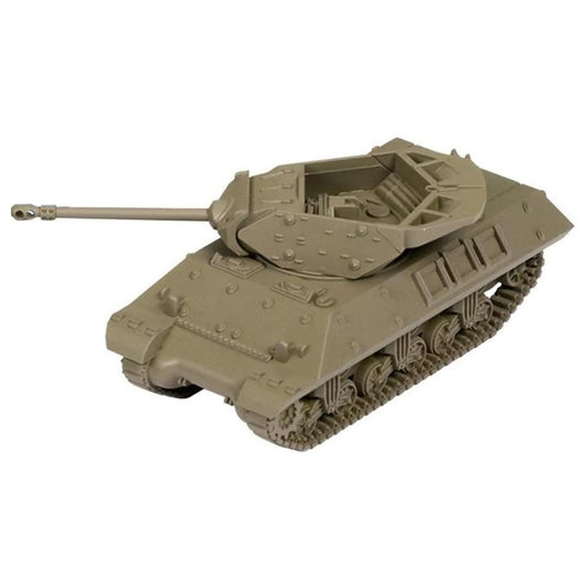 Tan-colored die-cast model of British Achilles tank with rotating turret, long barrel gun, and tracked treads on plain background
