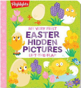 My Very First Easter Hidden Pictures Lift-the-Flap Board Book cover featuring colorful chicks, flowers, and eggs on a green background