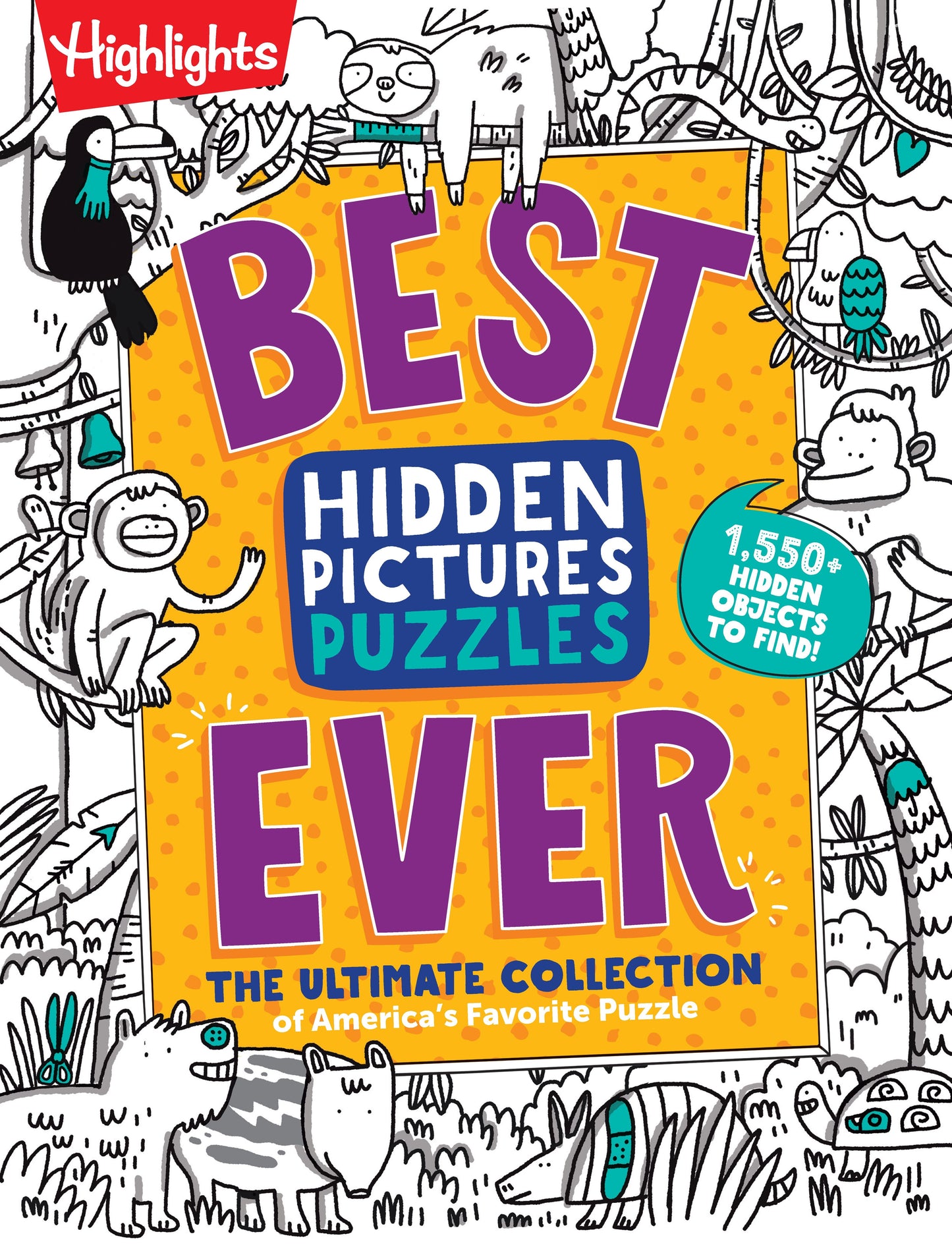 Highlights Best Hidden Pictures Puzzles book cover with illustrated animals and forest scene, showing 1,550 hidden objects to find