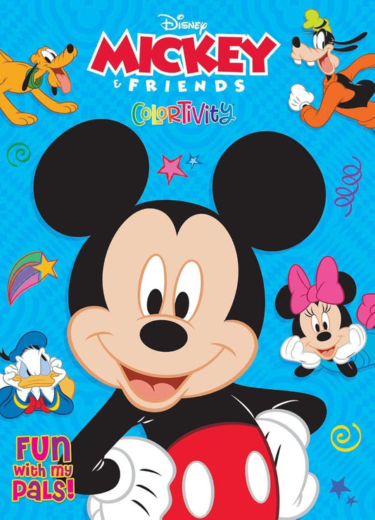Disney Mickey and Friends Colortivity coloring book cover featuring Mickey Mouse in the center surrounded by Pluto, Goofy, Minnie Mouse, and Donald Duck on a bl