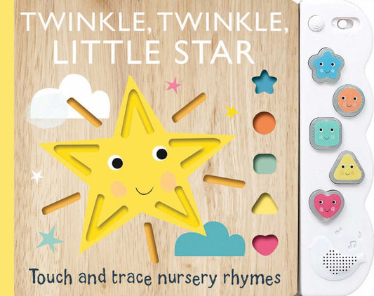 Twinkle, Twinkle, Little Star Touch and Trace Interactive Sound Book with yellow smiling star, cloud, and colorful shape buttons on right side