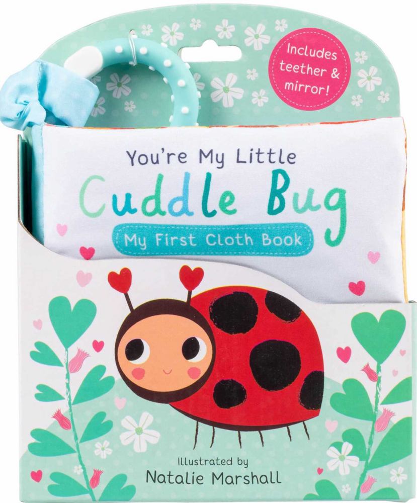 You're My Little Cuddle Bug cloth book with teether and mirror, featuring a red ladybug illustration, packaged in turquoise cardboard with blue fabric teether a