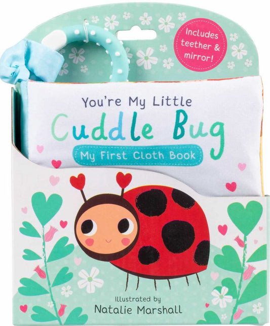 You're My Little Cuddle Bug cloth book with teether and mirror, featuring a red ladybug illustration, packaged in turquoise cardboard with blue fabric teether a