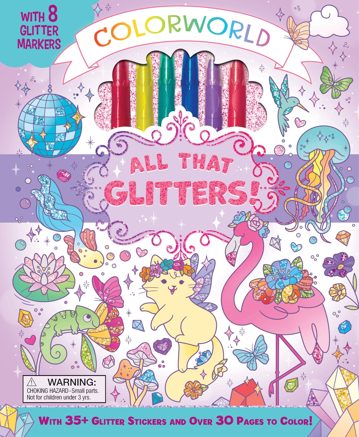 ColorWorld: All That Glitters! Coloring Kit box featuring 8 glitter markers, whimsical illustrations of a cat, jellyfish, flamingo, mermaid tail, butterflies, a