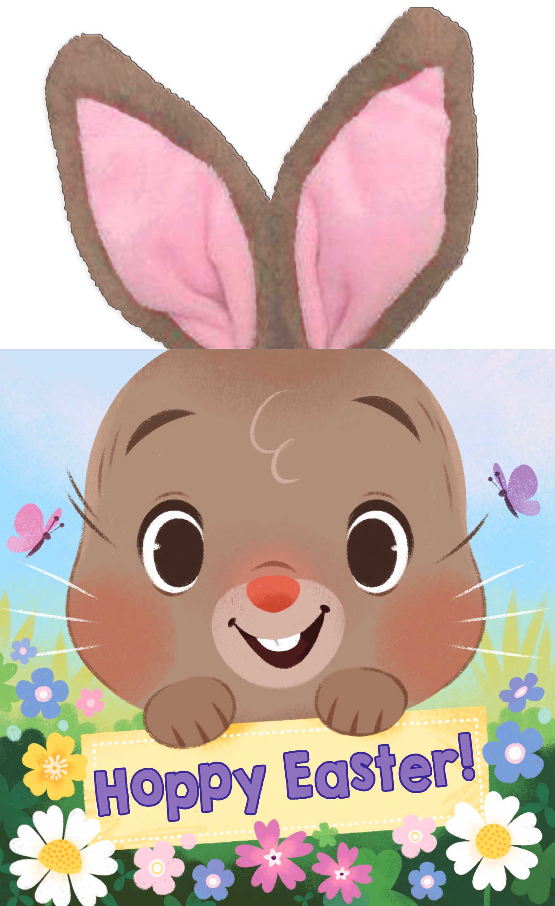Hoppy the Bunny with brown fur and pink inner ears smiling in a meadow with flowers and butterflies, text reads Hoppy Easter