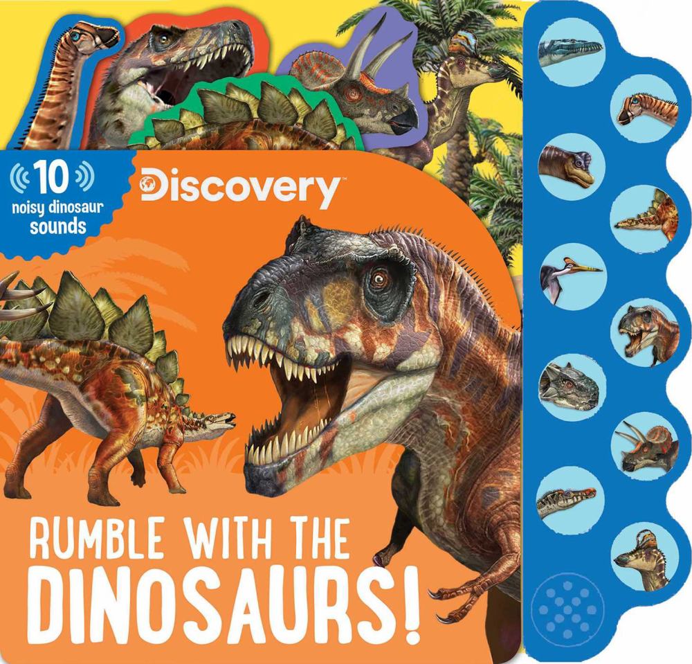 Discovery Kids Dinosaur Roar 10-Button Sound Book cover featuring multiple dinosaurs and a blue sound button panel with dinosaur species images