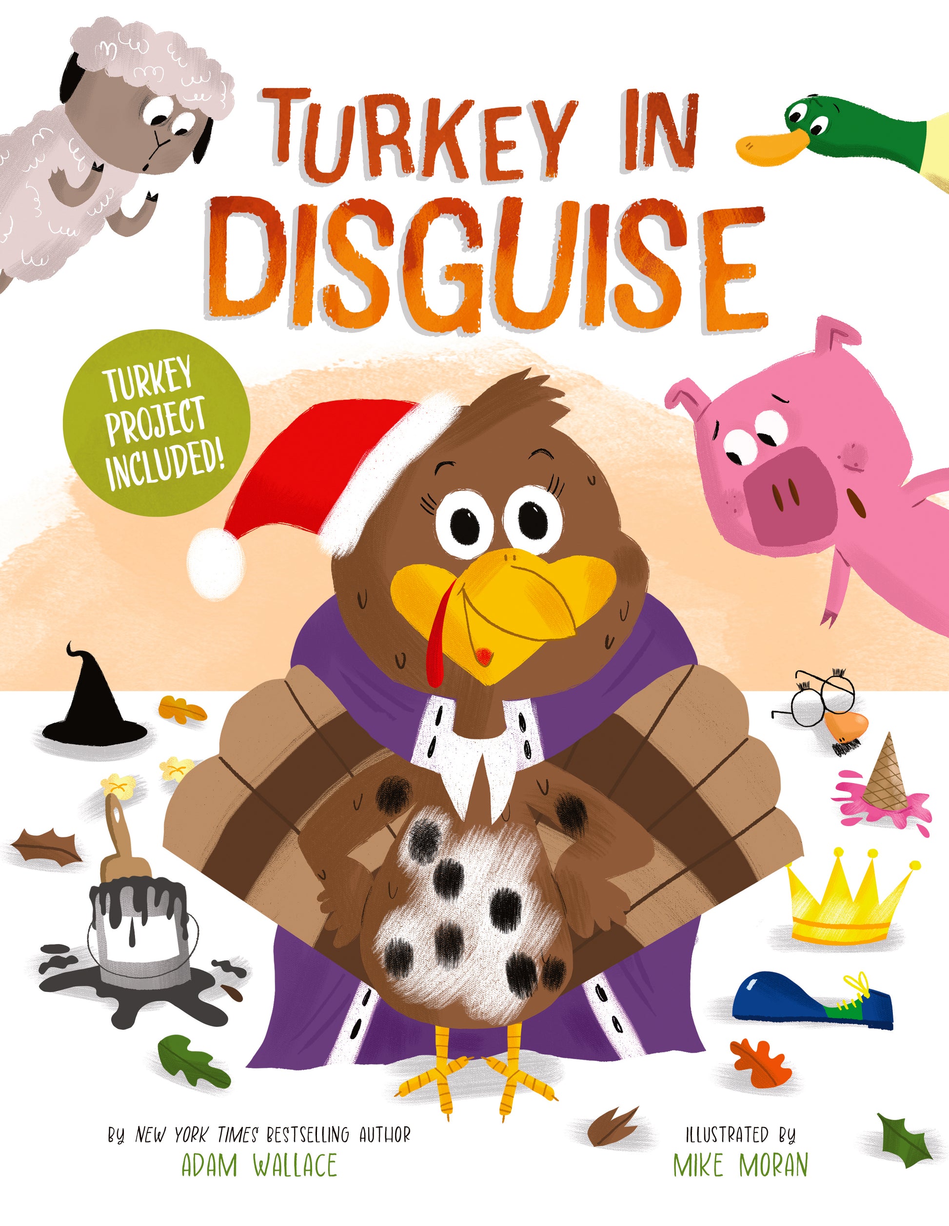 Turkey in Disguise book cover with colorful illustrated turkey wearing costume and hat