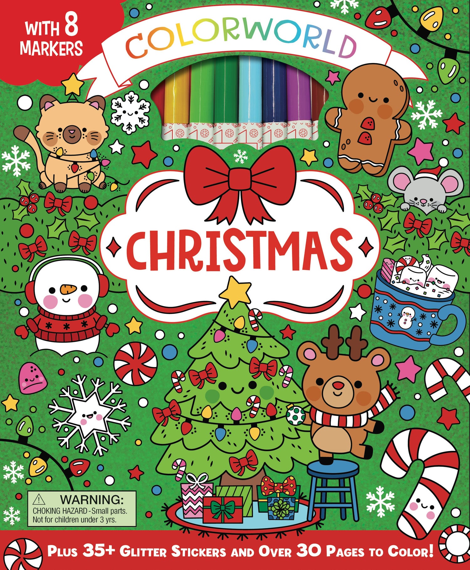 ColorWorld Joyful Christmas Coloring Kit cover with holiday characters, Christmas tree, snowman, reindeer, gingerbread figures, candy canes, and snowflakes on g