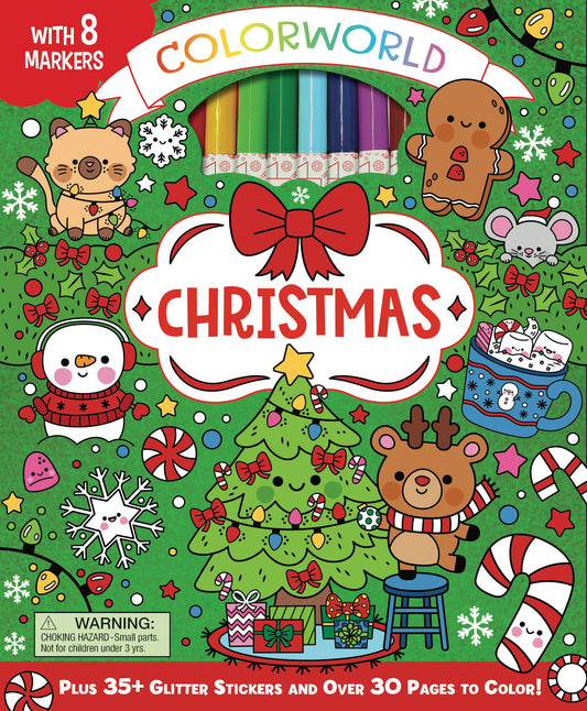 ColorWorld Joyful Christmas Coloring Kit cover with holiday characters, Christmas tree, snowman, reindeer, gingerbread figures, candy canes, and snowflakes on g