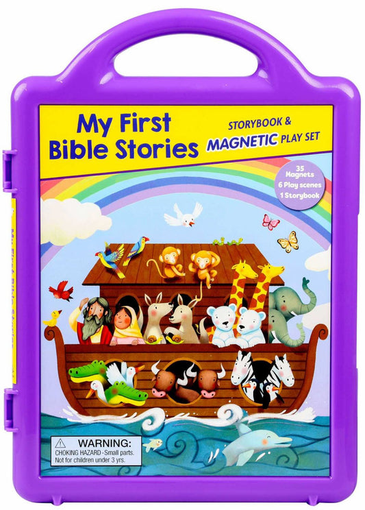 My First Bible Stories Storybook & Magnetic Play Set with purple case, Noah's Ark design, and 35 magnets