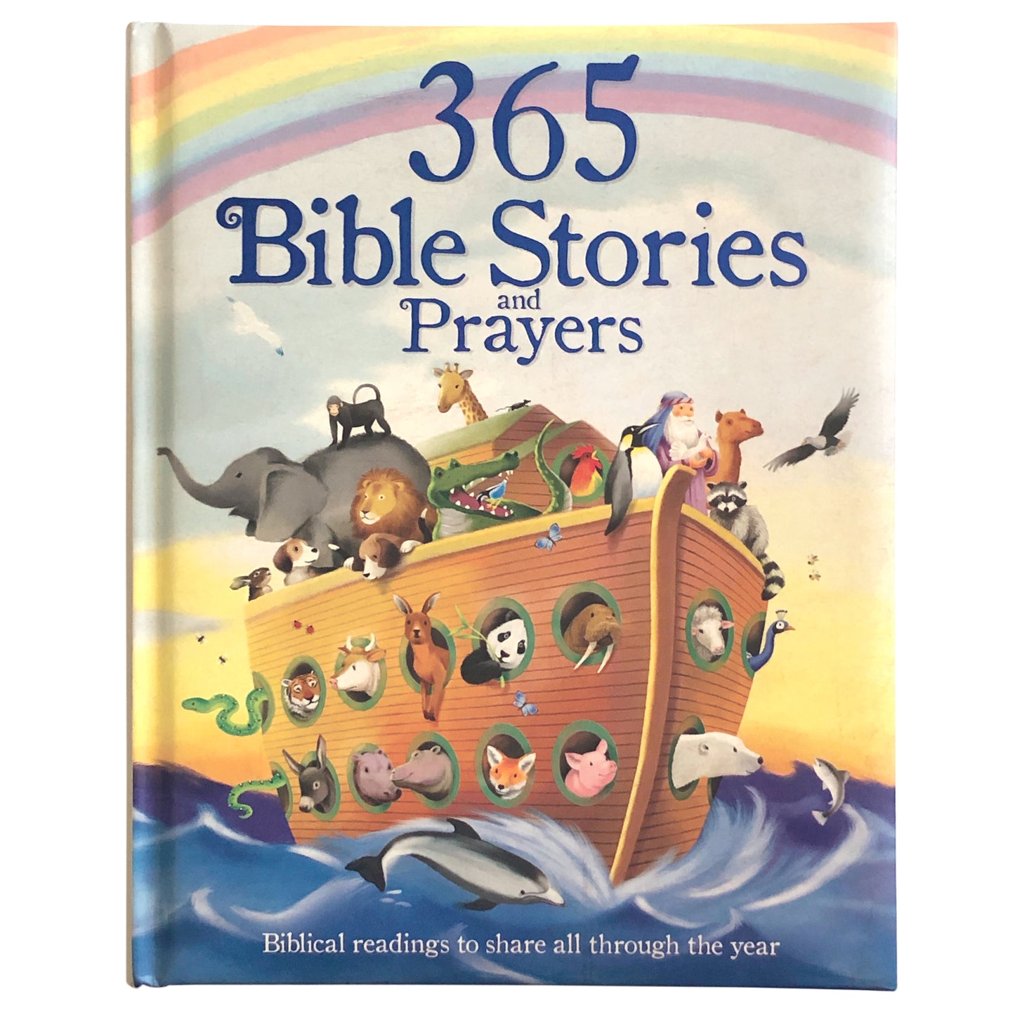365 Bible Stories and Prayers book cover featuring Noah's Ark with colorful animals, rainbow, and ocean waves
