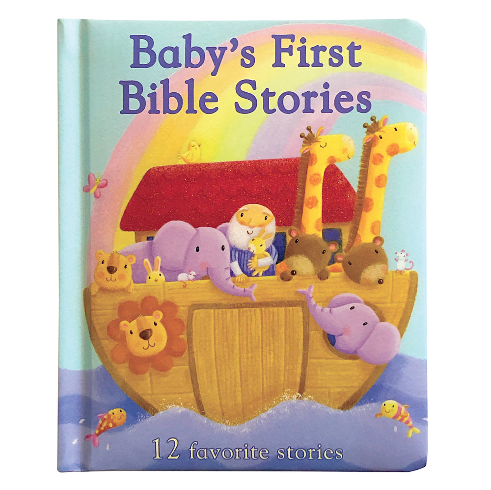 Baby's First Bible Stories board book cover featuring Noah's Ark with illustrated animals including giraffes, elephants, lions, and a rainbow