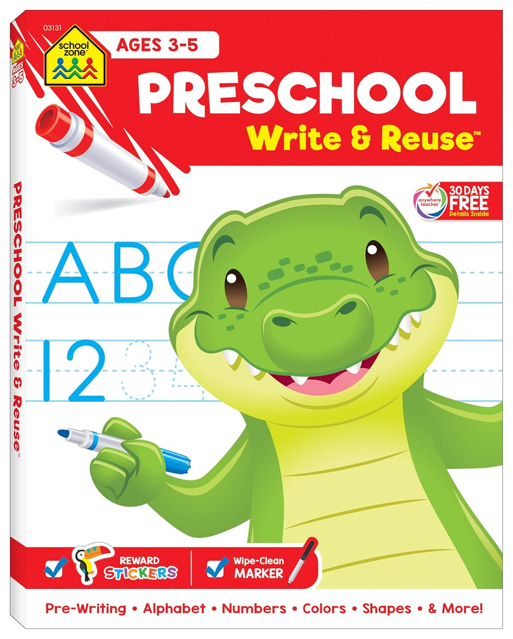 School Zone Preschool Write & Reuse workbook for ages 3-5, featuring a smiling green cartoon alligator holding a blue marker, with ABC and 123 practice lines vi