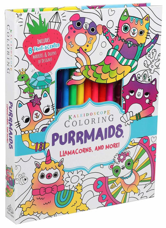 Kaleidoscope Coloring: Purrmaids, Llamacorns, and More set with 8 fruit-scented markers and coloring pages featuring whimsical cat and unicorn designs