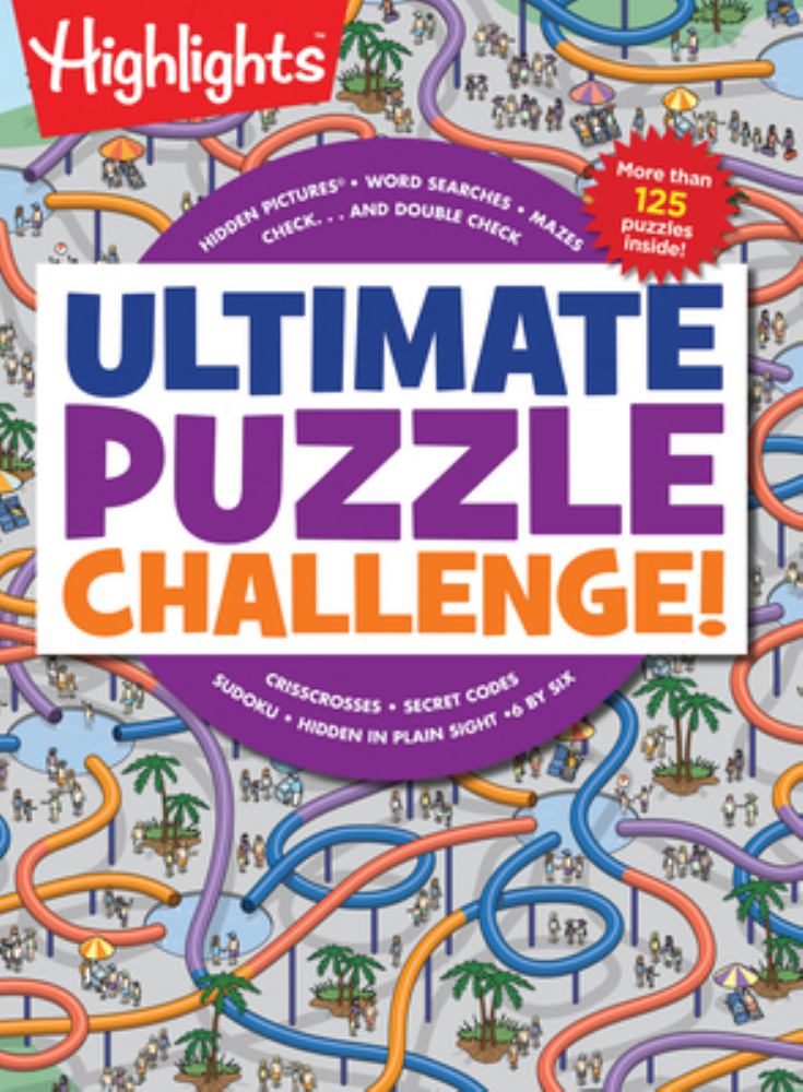 Highlights Ultimate Puzzle Challenge book cover featuring hidden pictures, word searches, mazes, crosswords, sudoku, and secret codes with more than 125 puzzles
