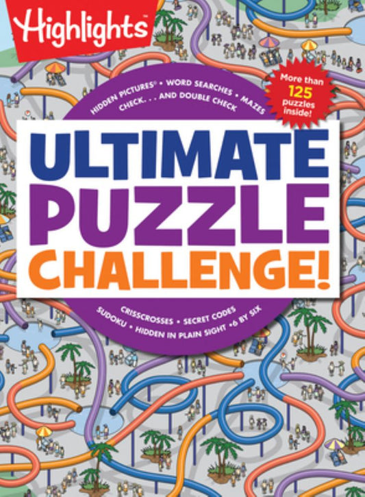 Highlights Ultimate Puzzle Challenge book cover featuring hidden pictures, word searches, mazes, crosswords, sudoku, and secret codes with more than 125 puzzles