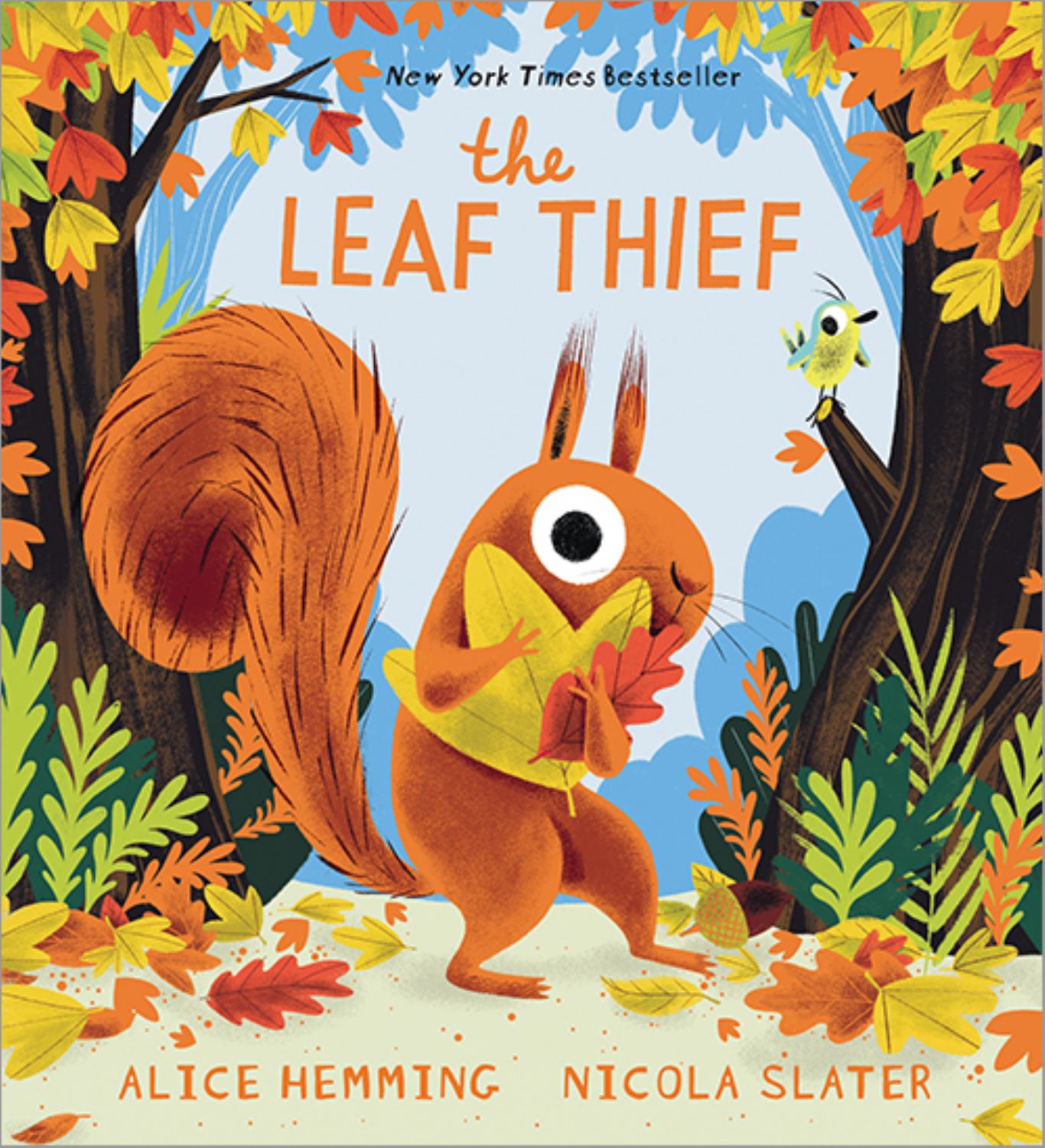 The Leaf Thief children's book featuring an orange squirrel character holding colorful autumn leaves
