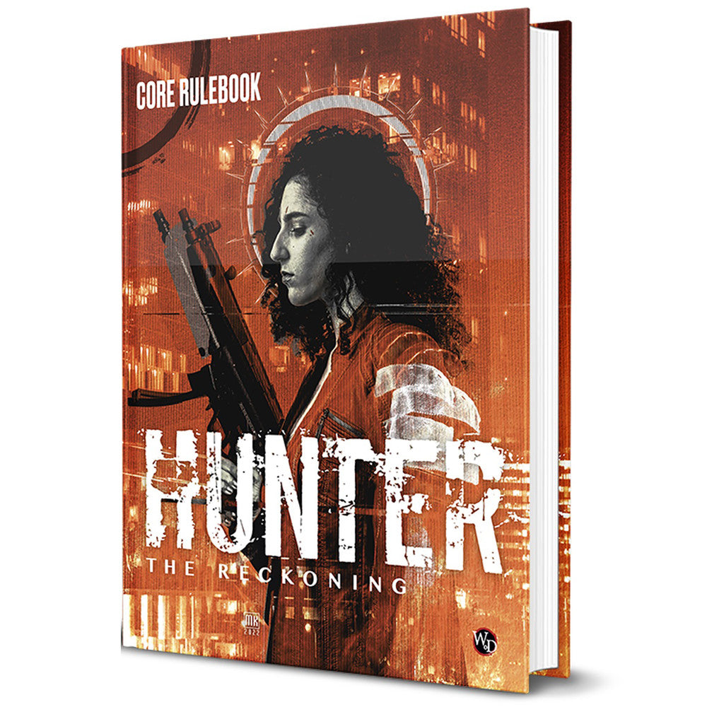 Hunter: The Reckoning 5th Edition Core Rulebook cover featuring a person in profile against an orange cityscape with a halo, holding weapons, with distressed wh