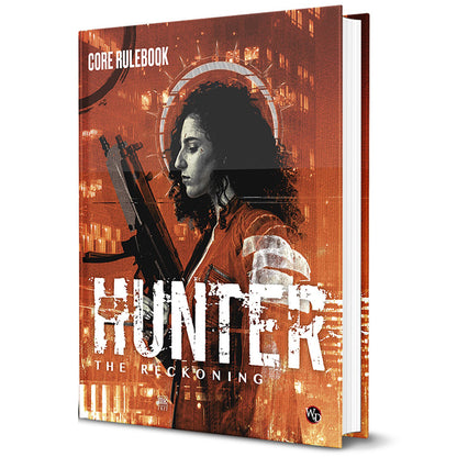 Hunter: The Reckoning 5th Edition Core Rulebook cover featuring a person in profile against an orange cityscape with a halo, holding weapons, with distressed wh
